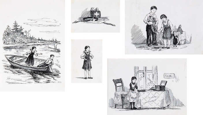 Симоновская (Гумилёва) Наталья Викторовна. Пять иллюстраций к сборнику: Рассказ за рассказом: Избранные рассказы советских писателей. В 2 т. М.: Детгиз, 1954-1955